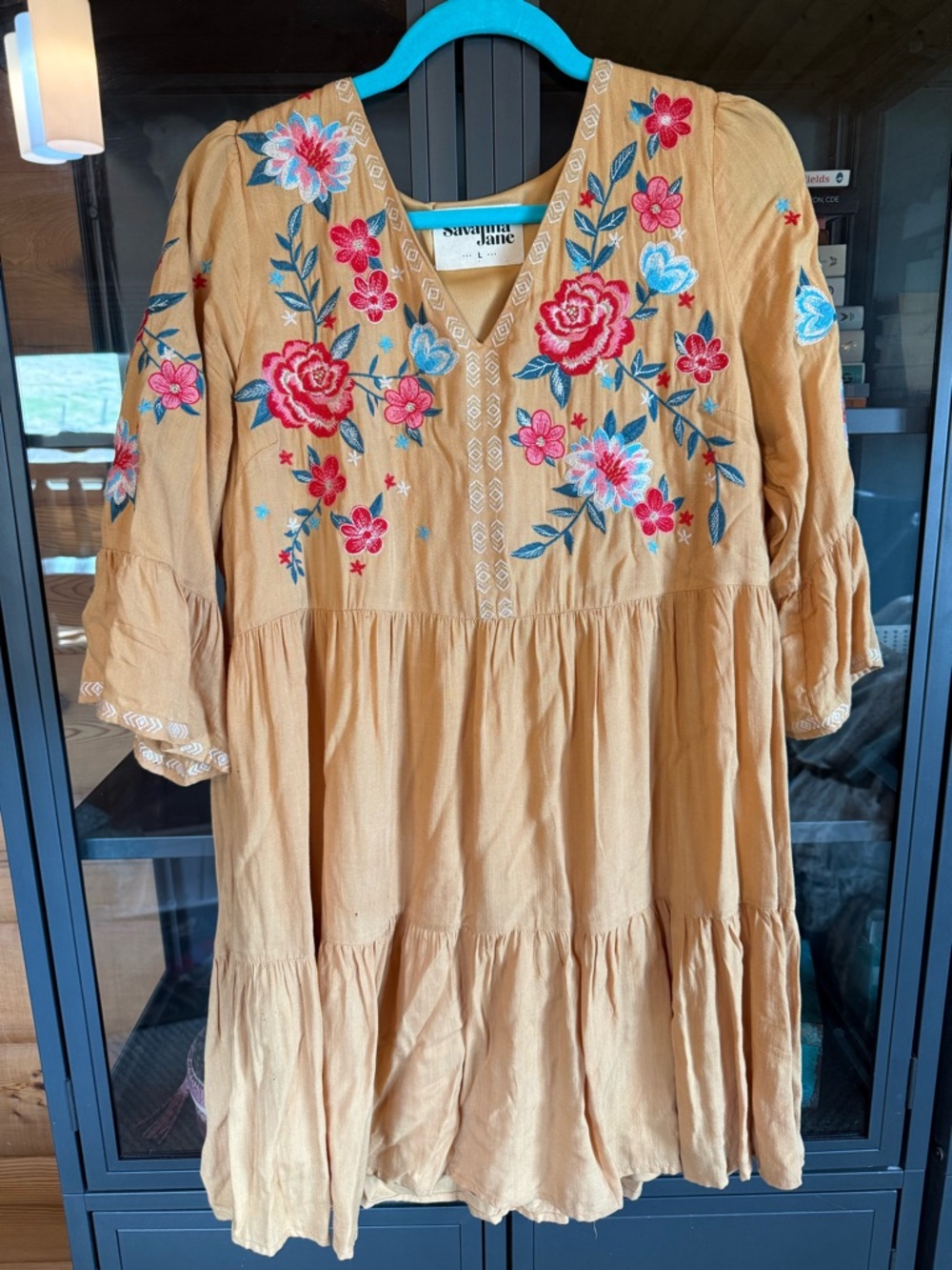 Savanna Jane Mustard Embroidered Floral Tiered Tunic Dress